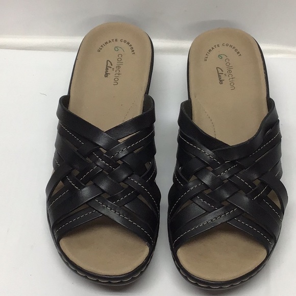clarks-shoes-clarks-black-wedge-sandals-with-criss-cross-strap-euc